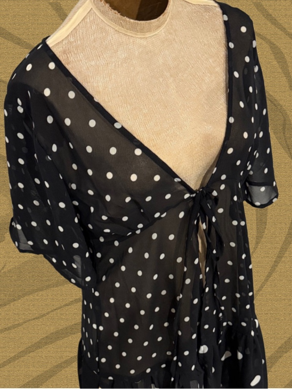 Betsey Johnson Black & White Polka Dot Tie Front Coverup - Picture 4 of 7